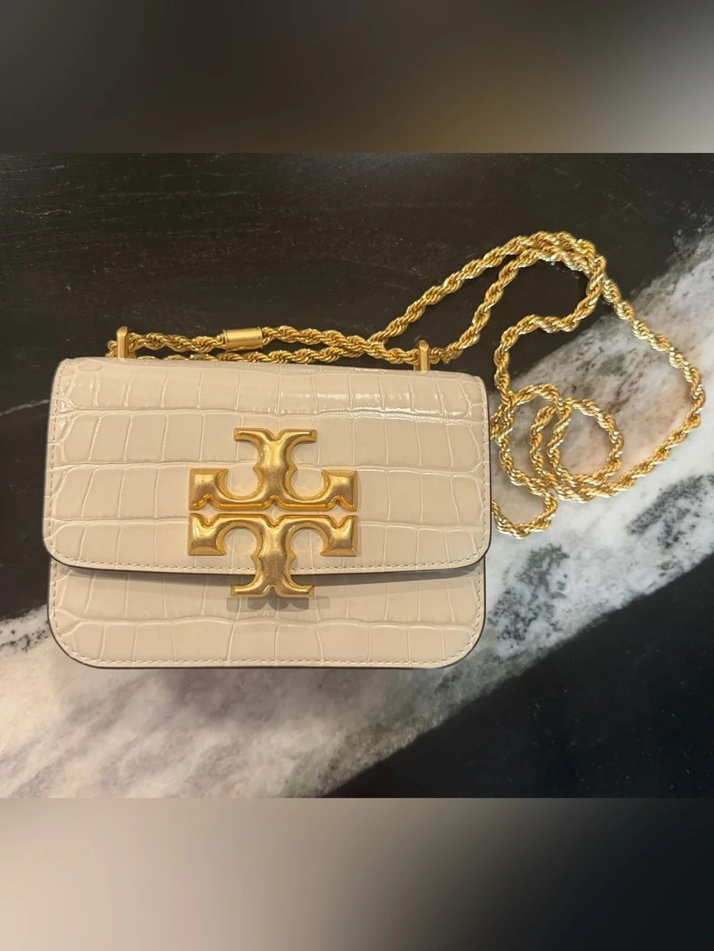 Tory Burch Eleanor Small Cream Croc-Embossed Convertible shoulder Bag
